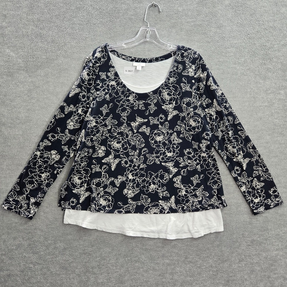 J Jill Women Top M Black Floral Shirt Long Sleeve Round Neck